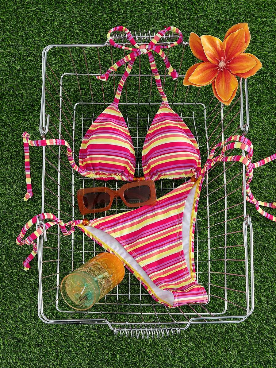 Multicolor women's 2-piece halter triangle bikini set featuring tie-side bottoms and removable padding for beach vacation.
