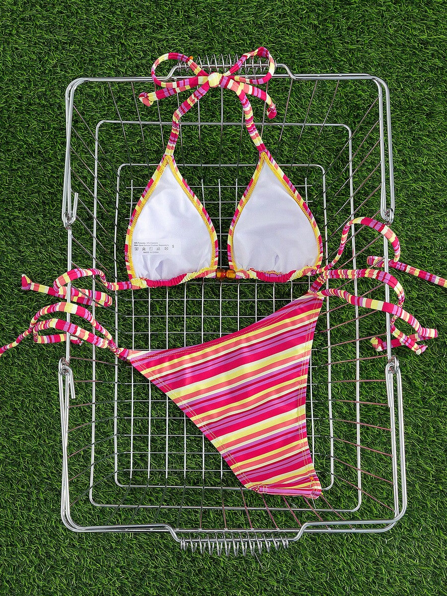 Multicolor women's 2-piece halter triangle bikini set featuring tie-side bottoms and removable padding for beach vacation.