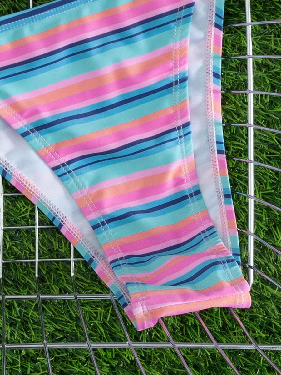Multicolor women's 2-piece halter triangle bikini set featuring tie-side bottoms and removable padding for beach vacation.
