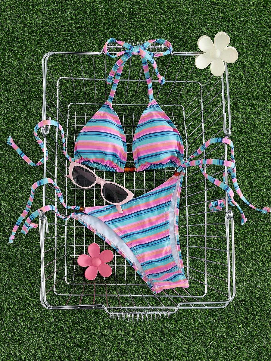 Multicolor women's 2-piece halter triangle bikini set featuring tie-side bottoms and removable padding for beach vacation.