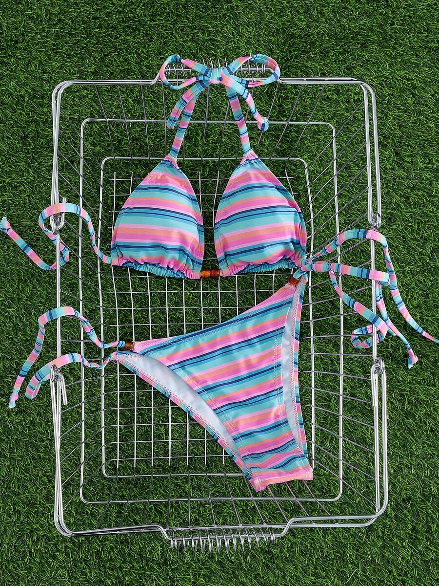 Multicolor women's 2-piece halter triangle bikini set featuring tie-side bottoms and removable padding for beach vacation.