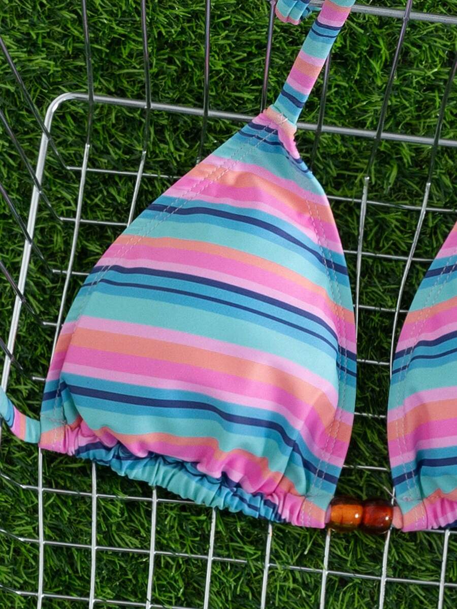 Multicolor women's 2-piece halter triangle bikini set featuring tie-side bottoms and removable padding for beach vacation.