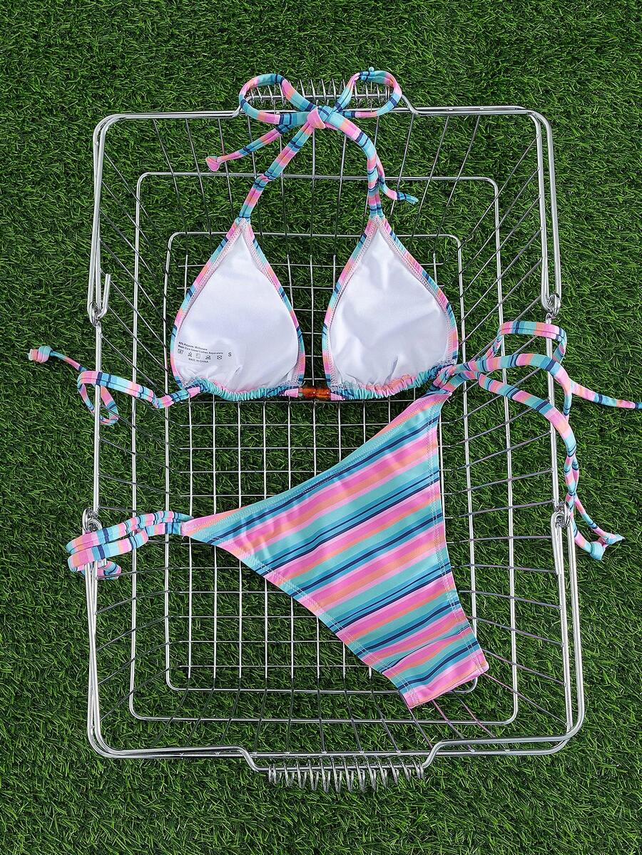 Multicolor women's 2-piece halter triangle bikini set featuring tie-side bottoms and removable padding for beach vacation.