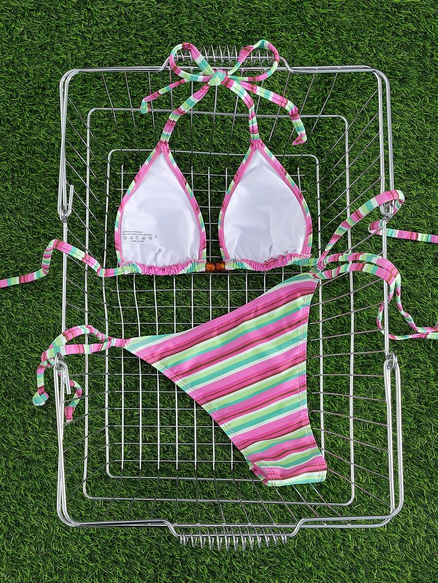 Multicolor women's 2-piece halter triangle bikini set featuring tie-side bottoms and removable padding for beach vacation.