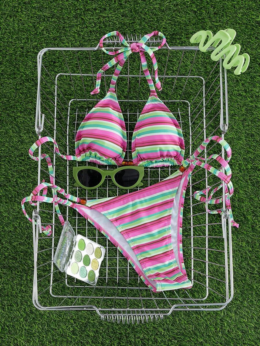 Multicolor women's 2-piece halter triangle bikini set featuring tie-side bottoms and removable padding for beach vacation.