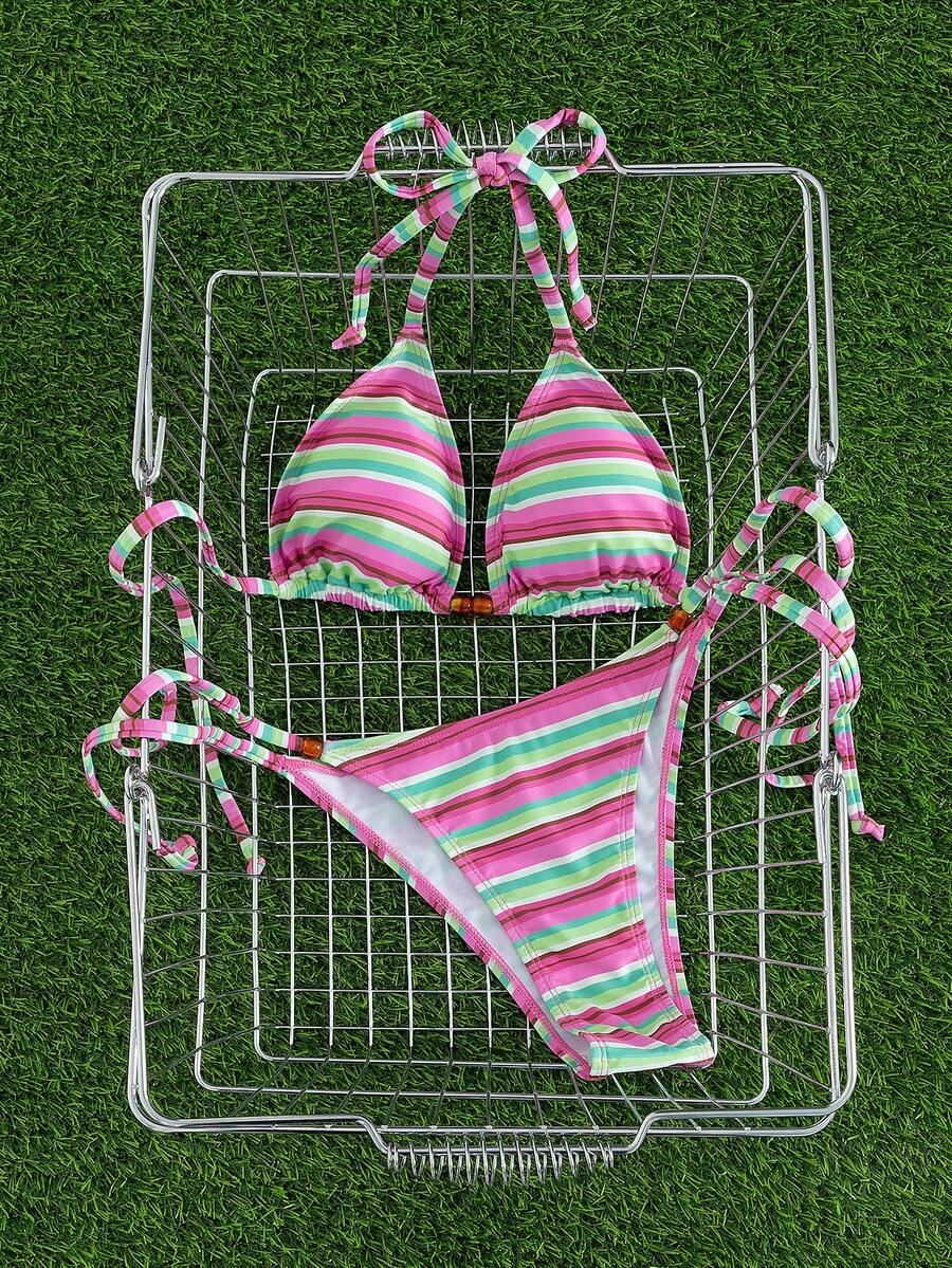 Multicolor women's 2-piece halter triangle bikini set featuring tie-side bottoms and removable padding for beach vacation.