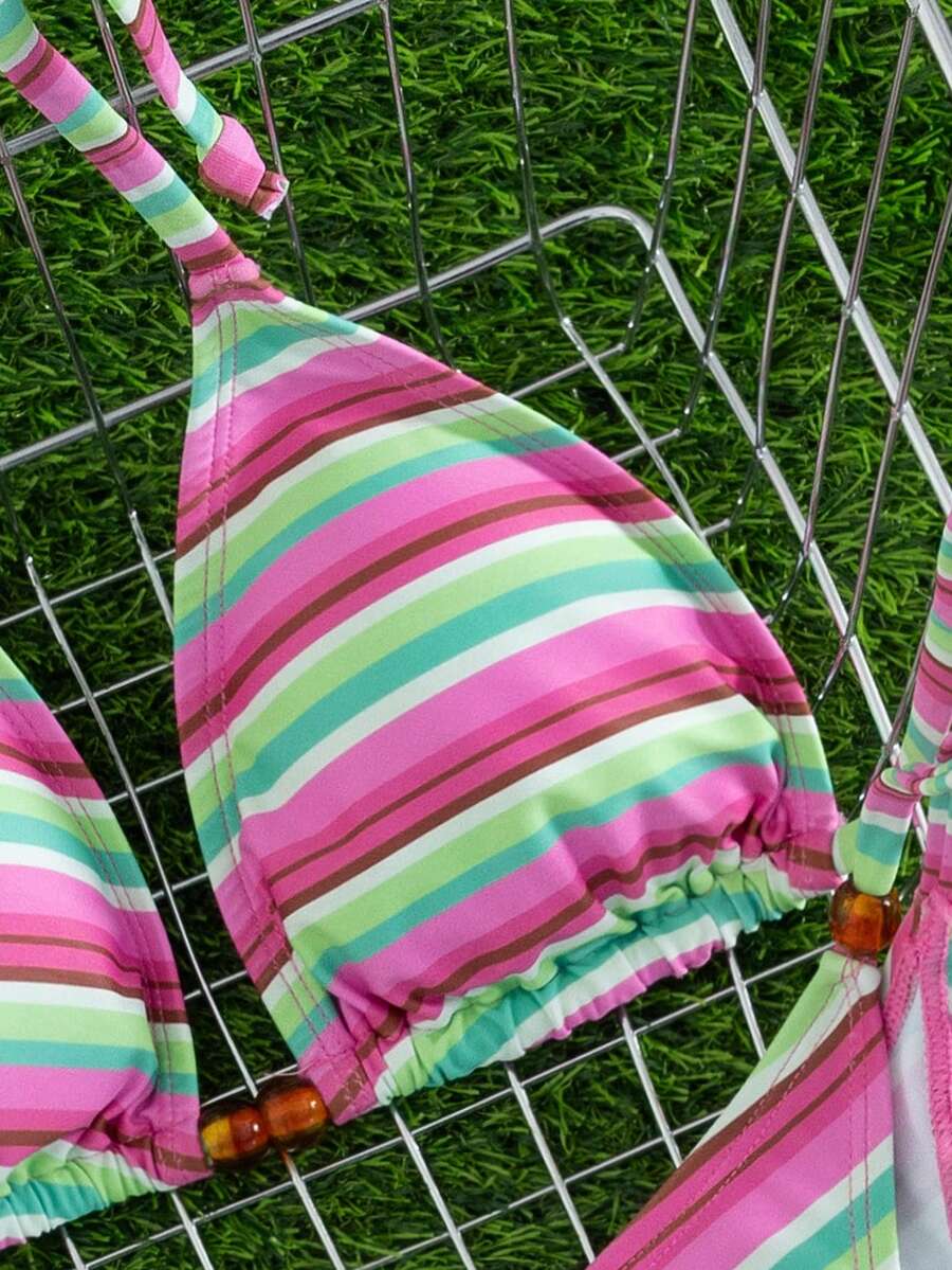 Multicolor women's 2-piece halter triangle bikini set featuring tie-side bottoms and removable padding for beach vacation.