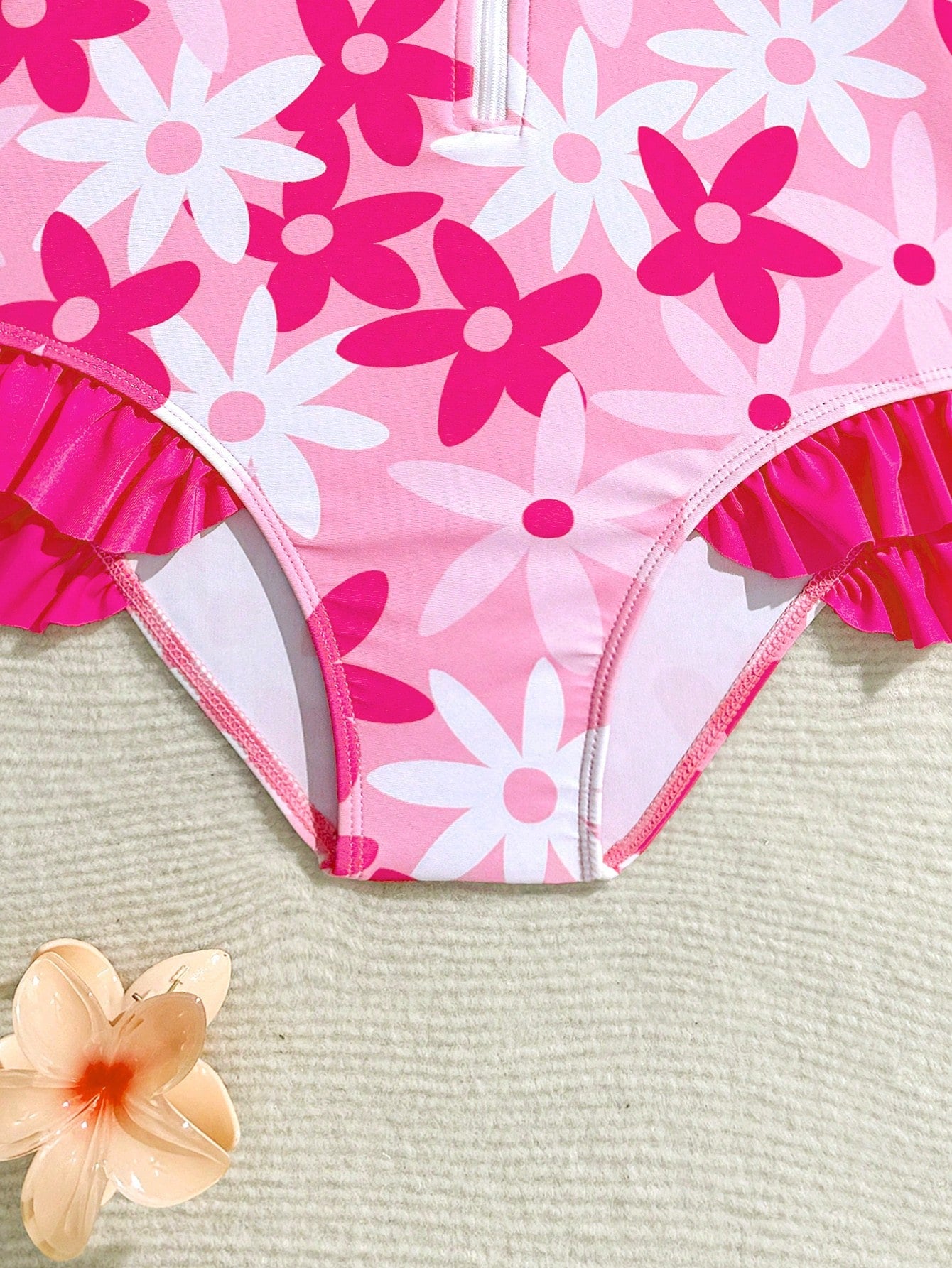 Girls' floral one-piece swimsuit with ruffle trim, high neck, and zipper front for beach and resort wear