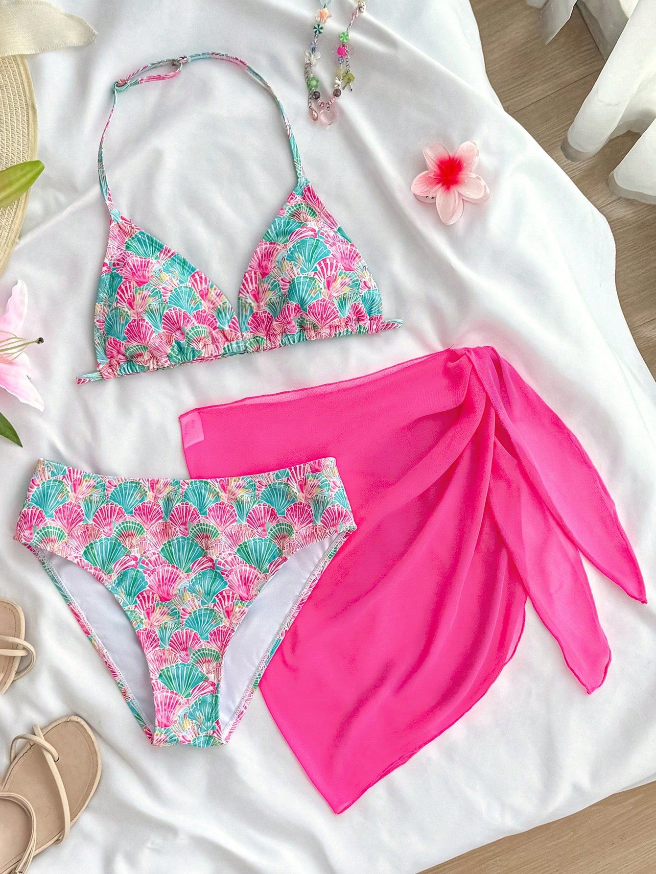 3pcs/Set Girl Orange Shell Print Swimwear Top&Bottoms,Beach Vacation Style Tropical Three Pieces Set Summer Swimwears For Tween Sets
