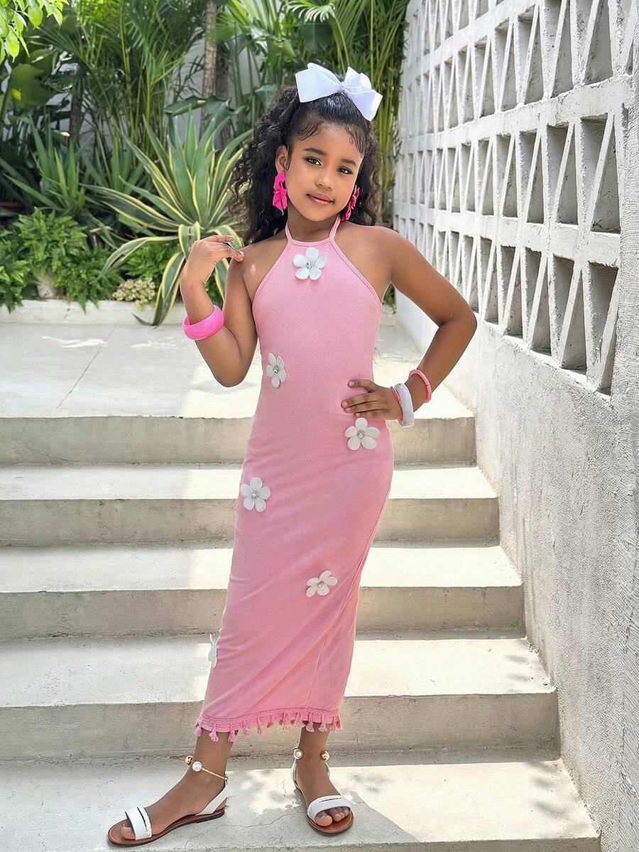 Tween girls halter dress in multicolor Christmas pattern with sleeveless cami design, split detail, slim fit, and long vacation style