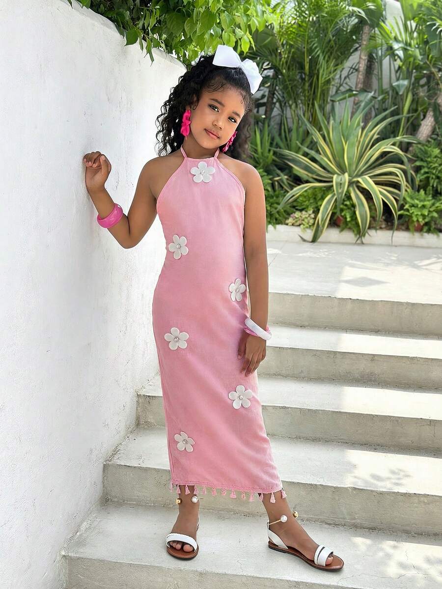 Tween girls halter dress in multicolor Christmas pattern with sleeveless cami design, split detail, slim fit, and long vacation style