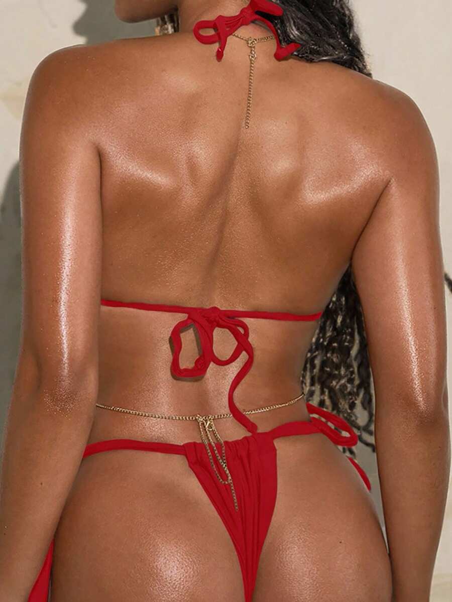 Army green high waist micro bikini swimsuit set for women featuring wireless spaghetti strap top with chain knot details and tie side thong bottoms.