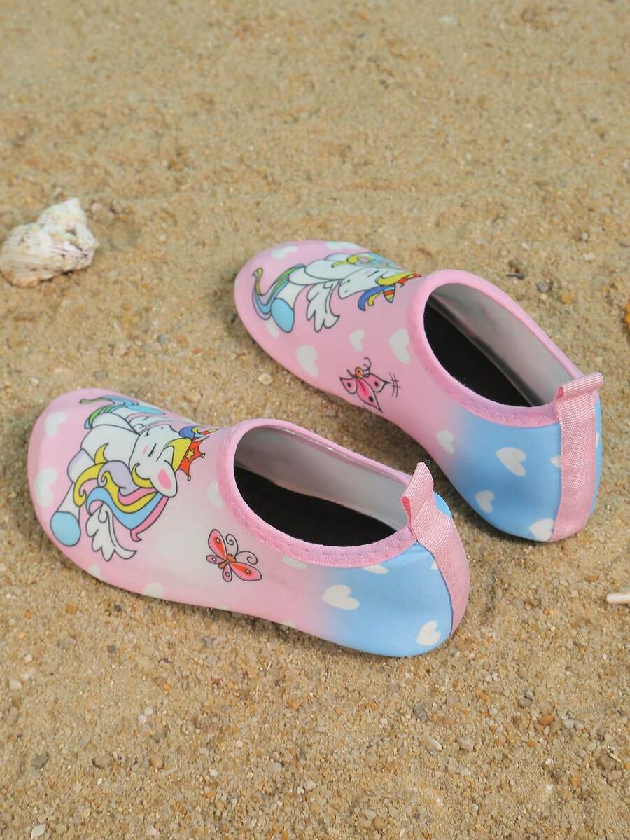 Kids slip-on aqua socks water shoes with breathable polyester upper and non-slip wear-resistant TPR outsole for boys and girls.