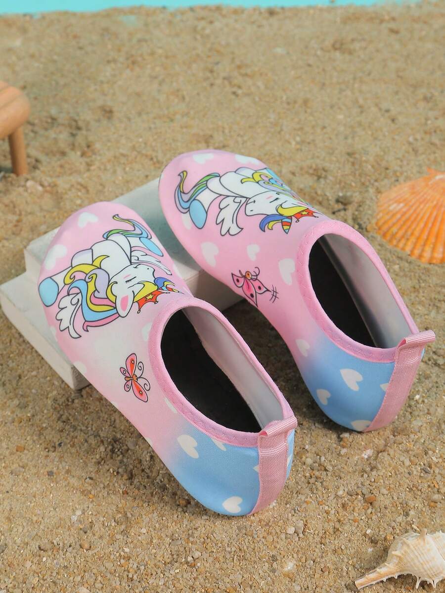 Kids slip-on aqua socks water shoes with breathable polyester upper and non-slip wear-resistant TPR outsole for boys and girls.