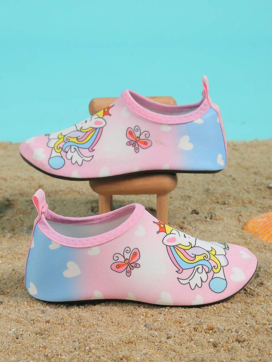 Kids slip-on aqua socks water shoes with breathable polyester upper and non-slip wear-resistant TPR outsole for boys and girls.