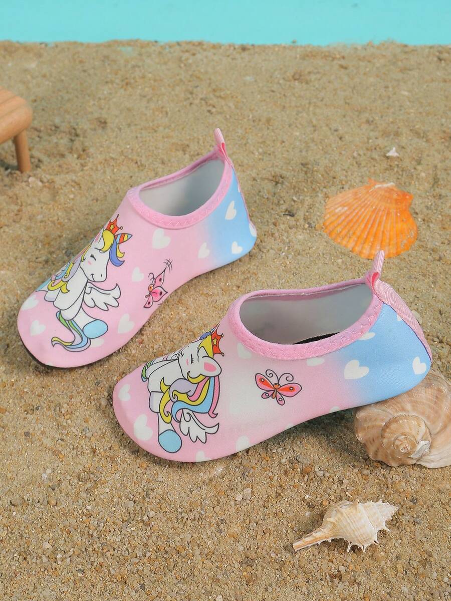 Kids slip-on aqua socks water shoes with breathable polyester upper and non-slip wear-resistant TPR outsole for boys and girls.