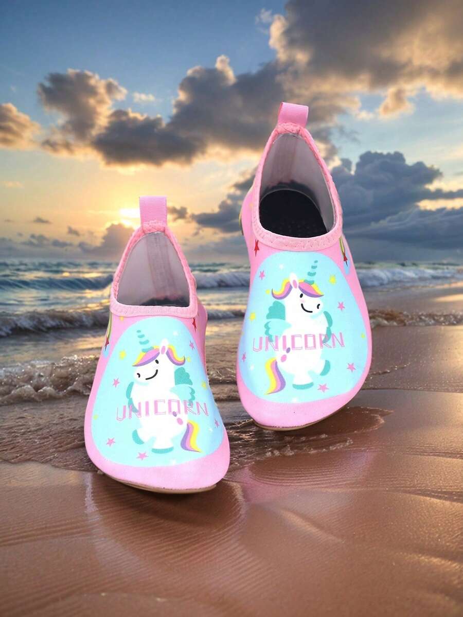 Kids slip-on aqua socks water shoes with breathable polyester upper and non-slip wear-resistant TPR outsole for boys and girls.
