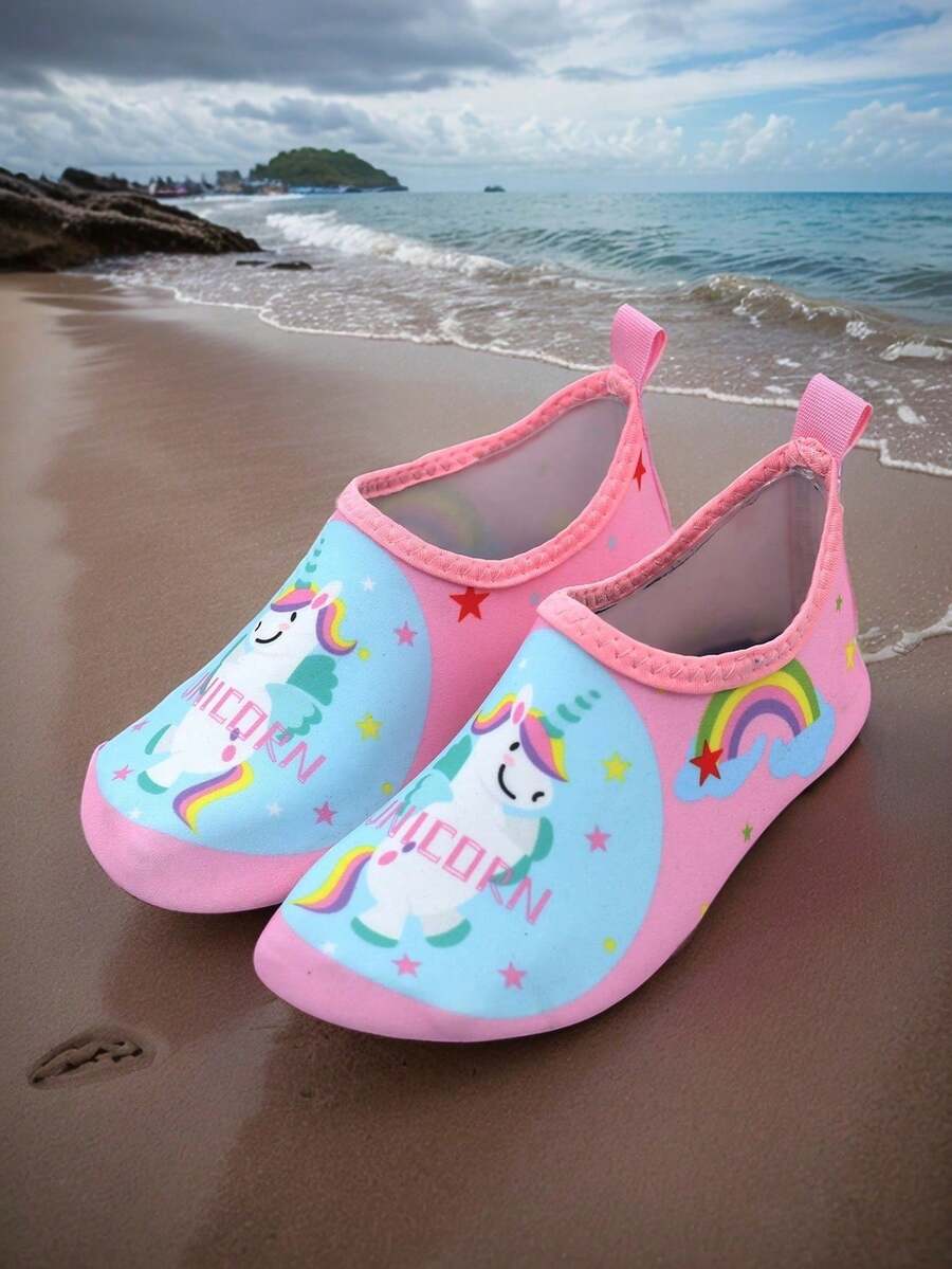 Kids slip-on aqua socks water shoes with breathable polyester upper and non-slip wear-resistant TPR outsole for boys and girls.