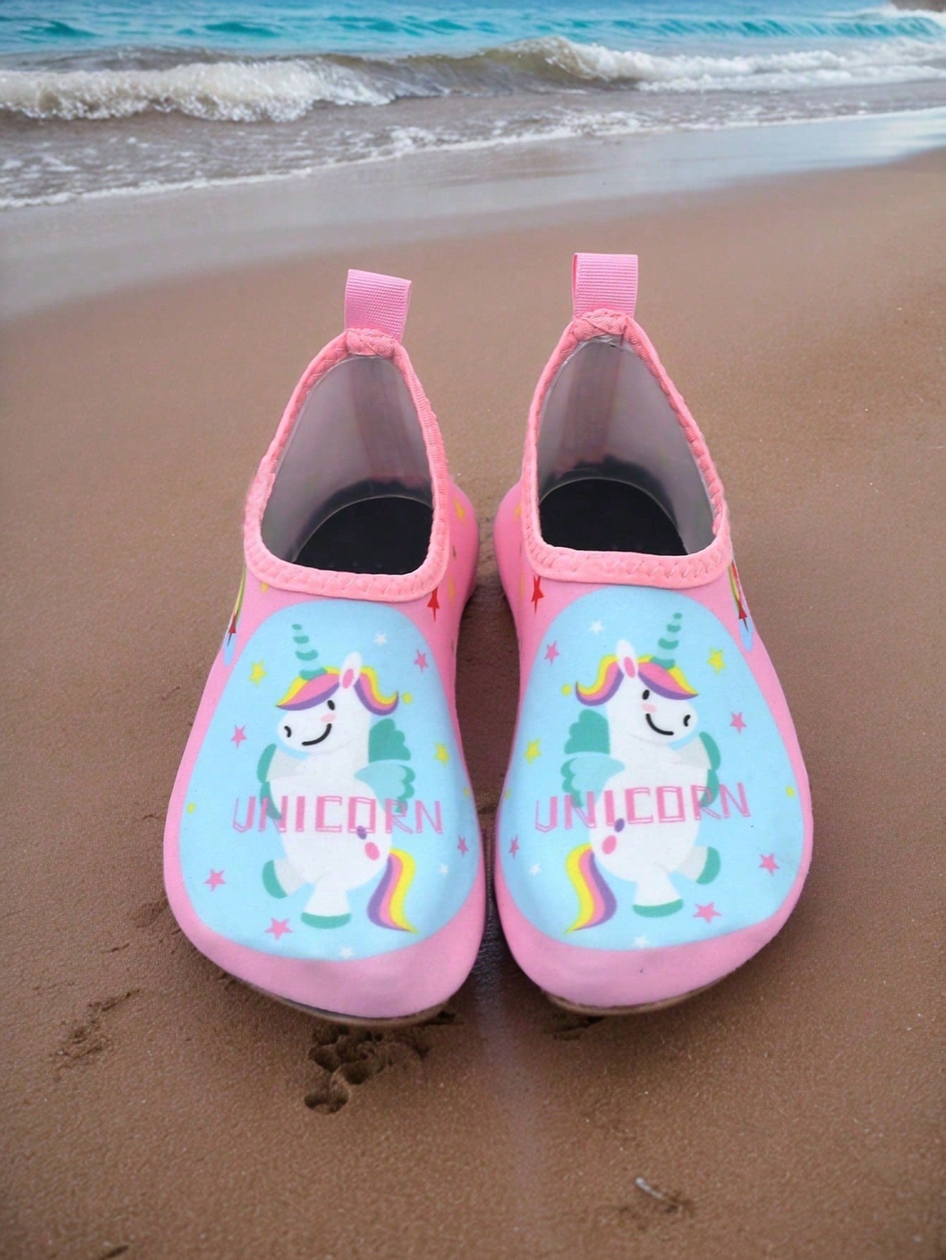Kids slip-on aqua socks water shoes with breathable polyester upper and non-slip wear-resistant TPR outsole for boys and girls.