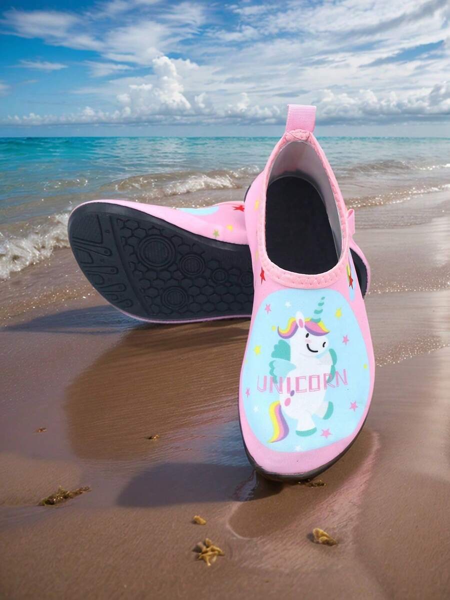 Kids slip-on aqua socks water shoes with breathable polyester upper and non-slip wear-resistant TPR outsole for boys and girls.