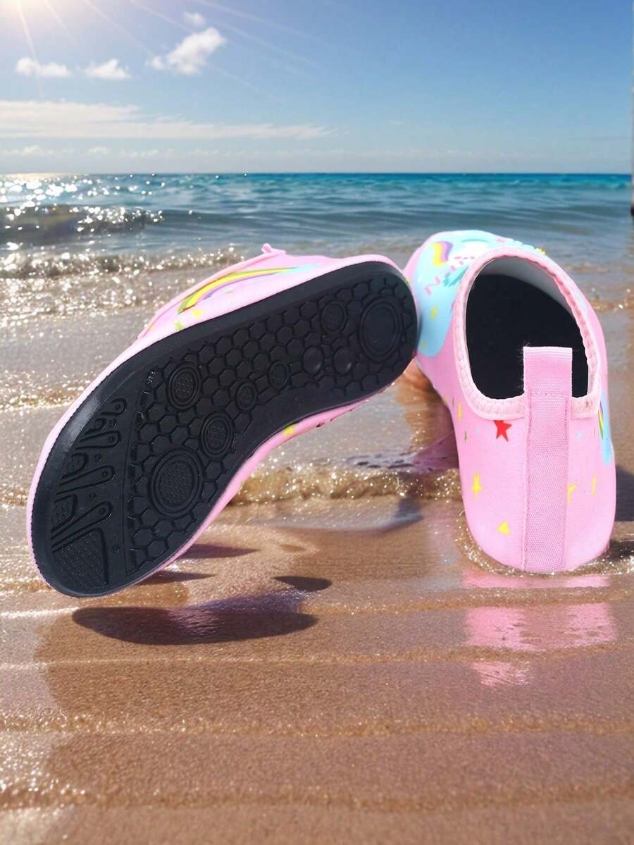 Kids slip-on aqua socks water shoes with breathable polyester upper and non-slip wear-resistant TPR outsole for boys and girls.