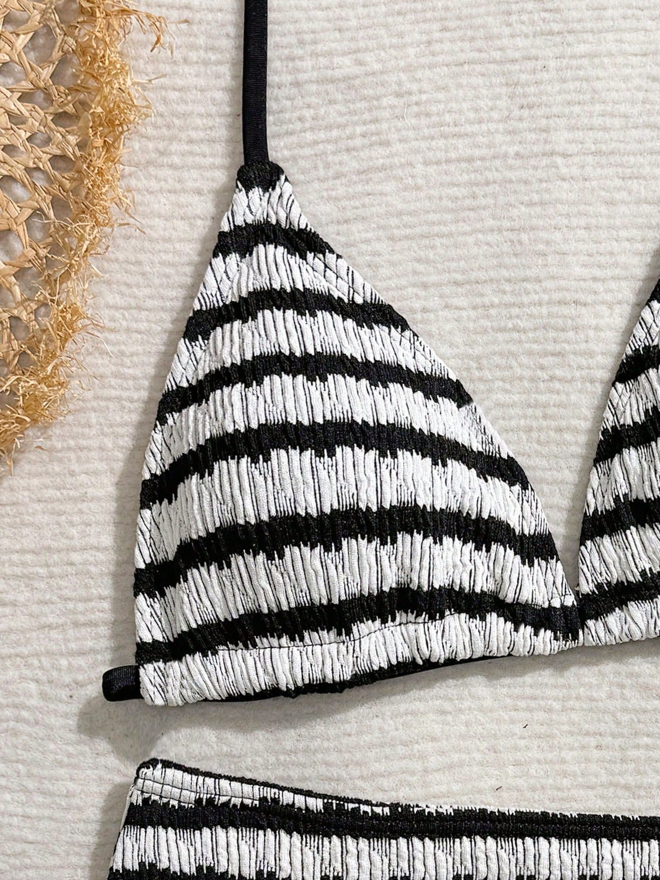 Tween girls blue and white striped two-piece bikini set with halter triangle top and mid-waist short bikini bottoms for beach and vacation swimwear.