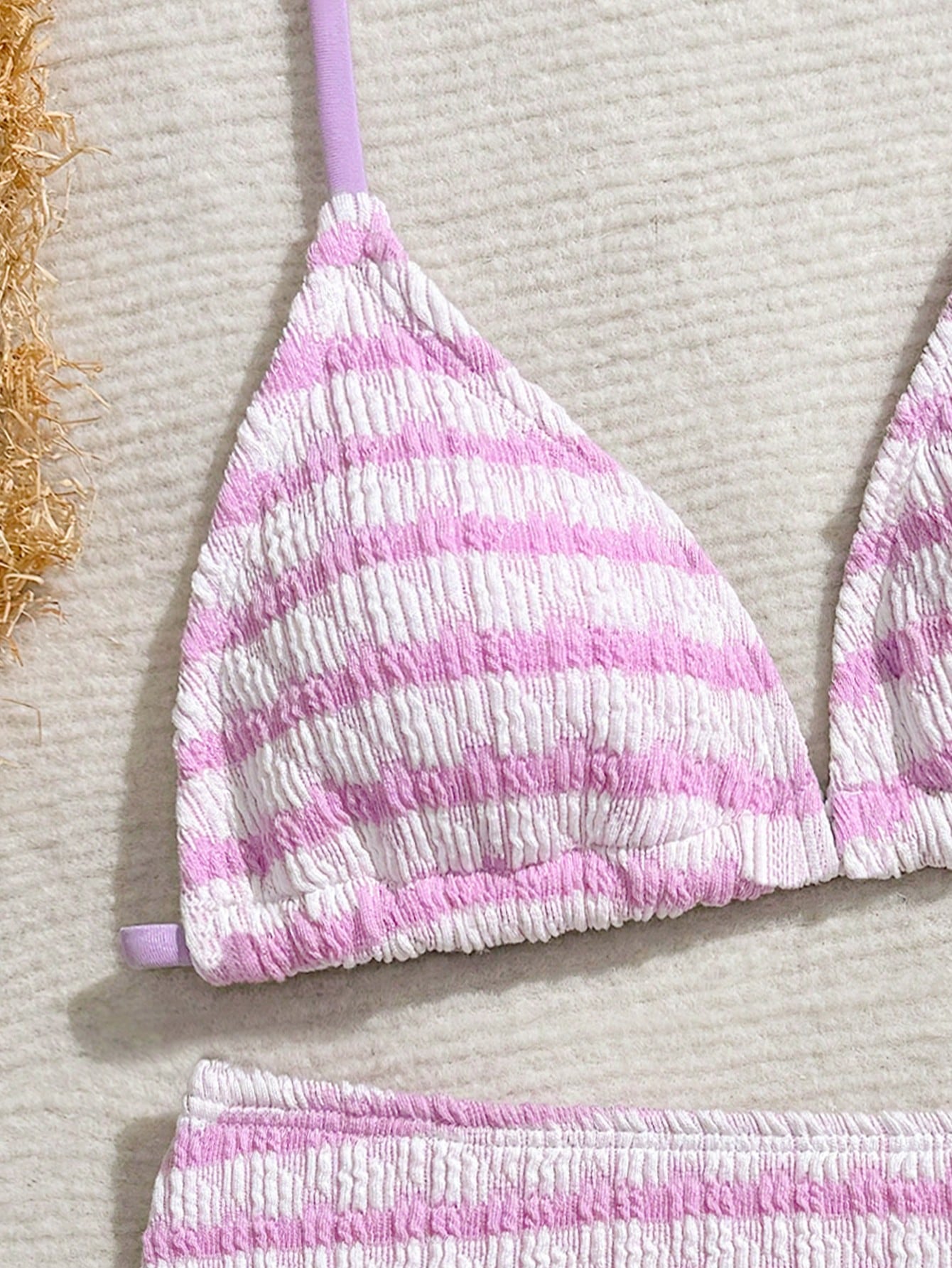 Tween girls blue and white striped two-piece bikini set with halter triangle top and mid-waist short bikini bottoms for beach and vacation swimwear.