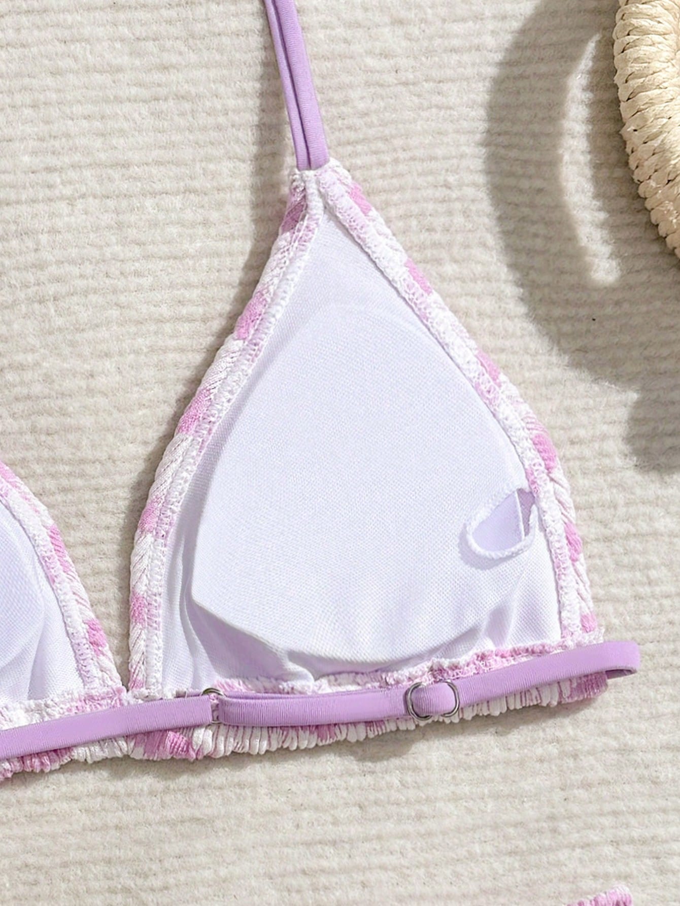 Tween girls blue and white striped two-piece bikini set with halter triangle top and mid-waist short bikini bottoms for beach and vacation swimwear.