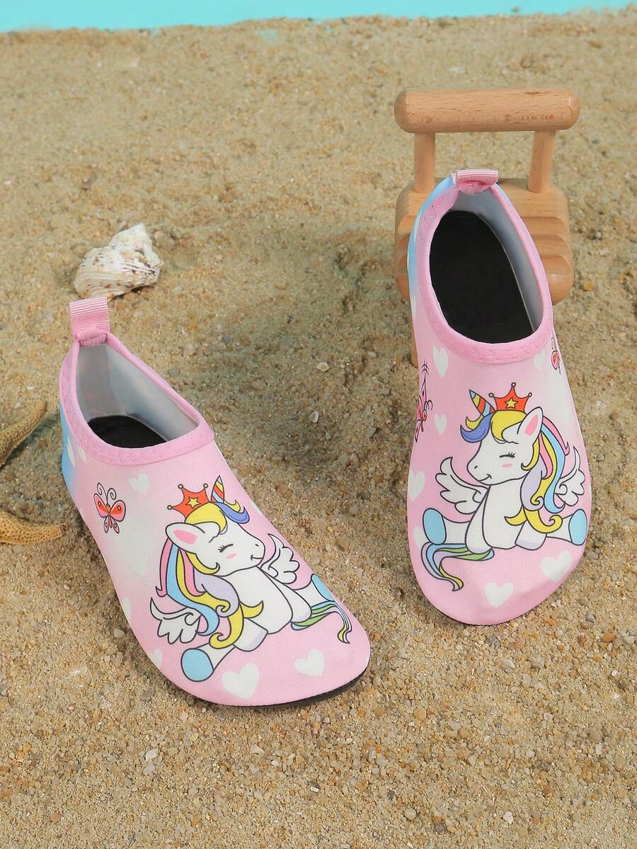 Kids slip-on aqua socks water shoes with breathable polyester upper and non-slip wear-resistant TPR outsole for boys and girls.