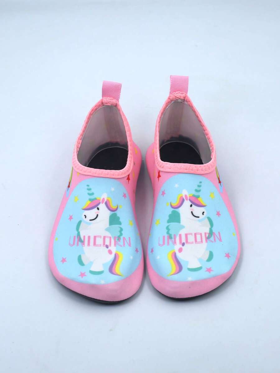 Kids slip-on aqua socks water shoes with breathable polyester upper and non-slip wear-resistant TPR outsole for boys and girls.