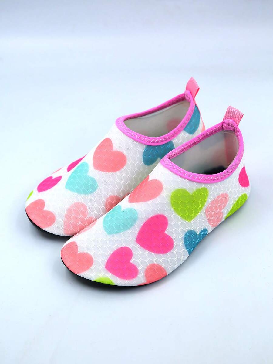 Kids slip-on aqua socks water shoes with breathable polyester upper and non-slip wear-resistant TPR outsole for boys and girls.