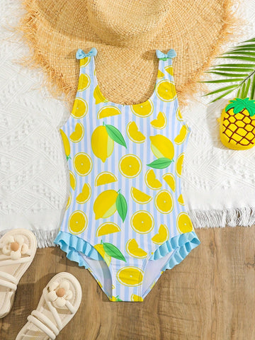 Tween girls purple one-piece swimsuit with lemon stripe pattern, spaghetti straps, ruffle detail, bow design, scoop neckline, and fitted swimwear shape