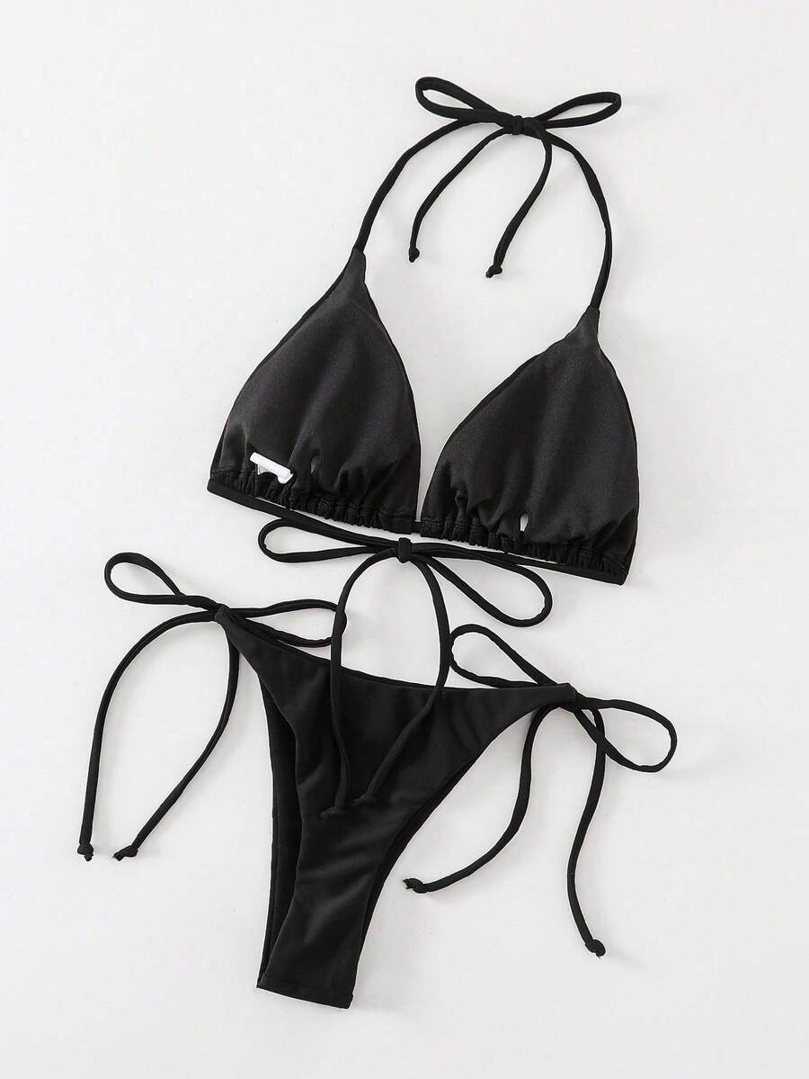 Apricot plain halter triangle bikini swimwear set with tie back top and low waist tie side thong bottom for women