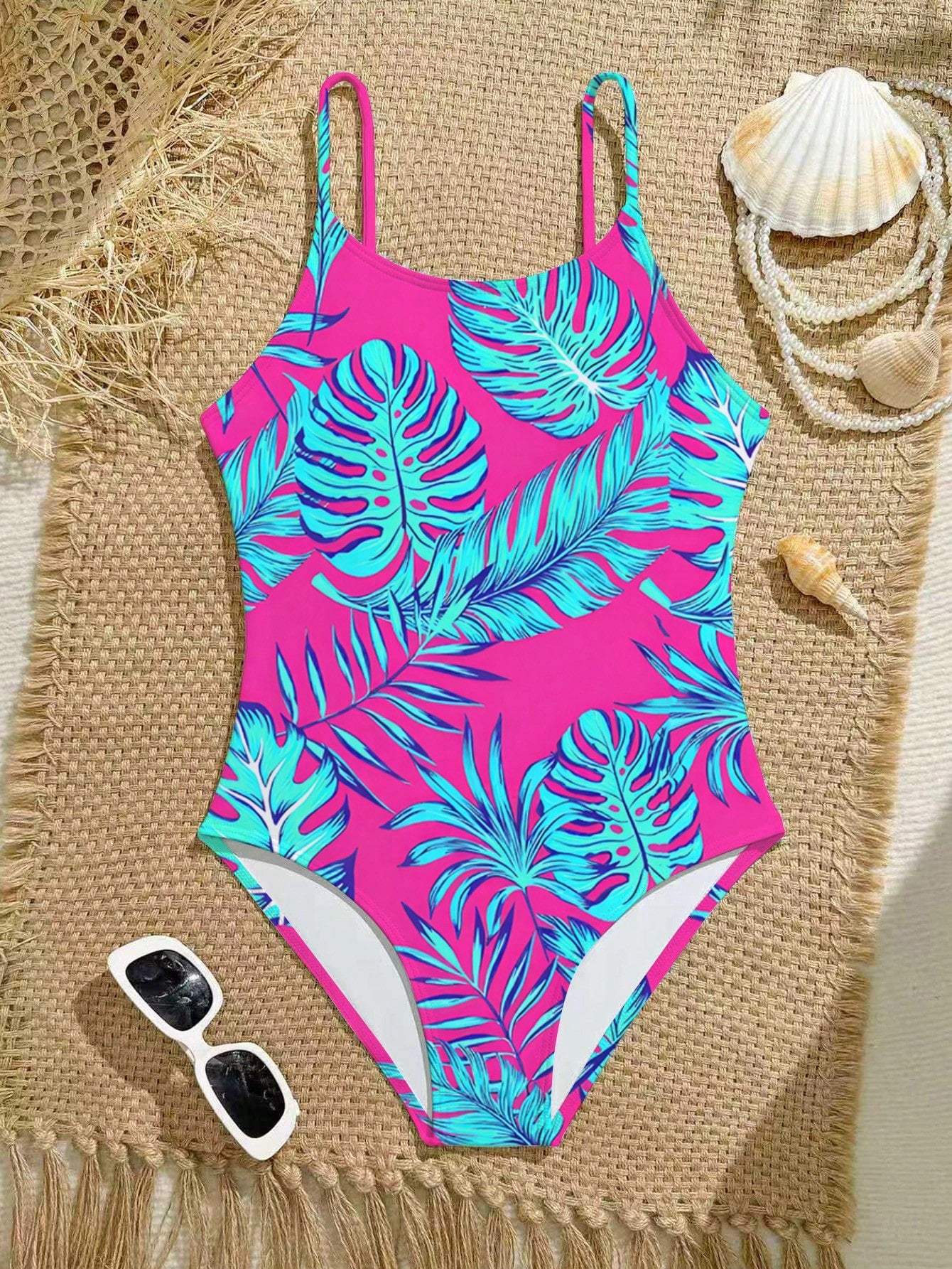 Tween girls one-piece swimsuit with a floral plant print, spaghetti straps, and a mid-waist fit in black.