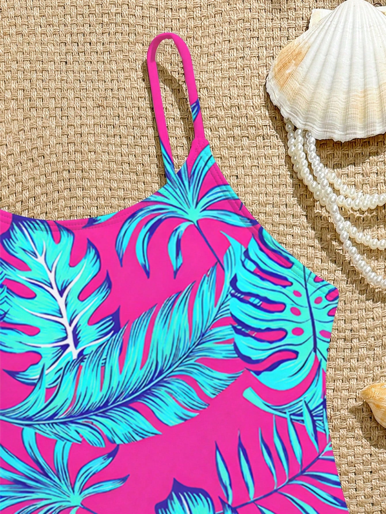 Tween girls one-piece swimsuit with a floral plant print, spaghetti straps, and a mid-waist fit in black.