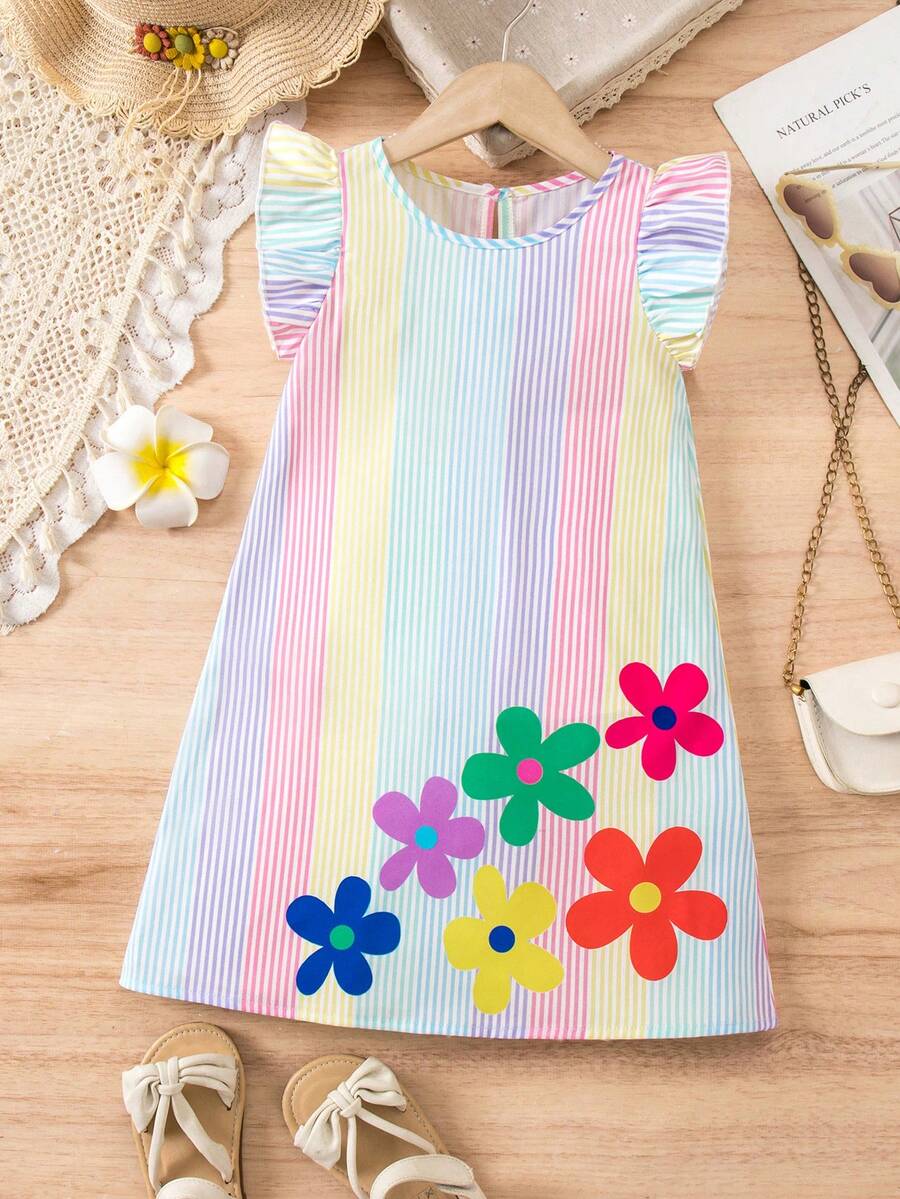 Tween girls sleeveless tropical floral mini dress in black with round neck and ruffle hem detail