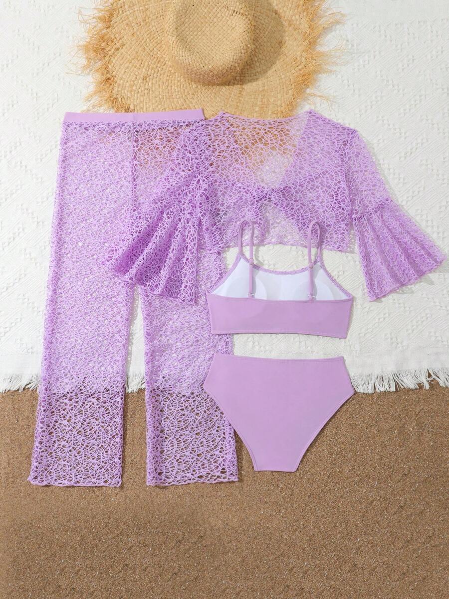 Tween girls beige bikini set with long sleeve round neck top, hollow-out asymmetrical details, mid-waist bottoms, and cover up for beach or vacation swimwear