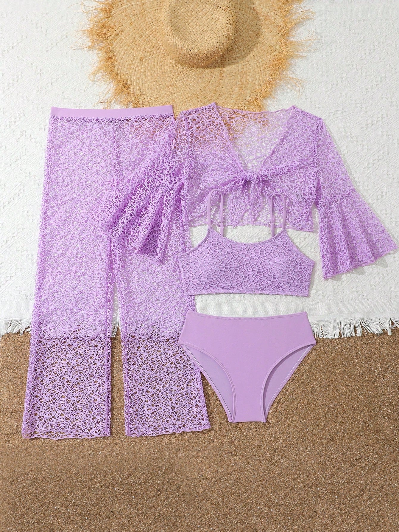 Tween girls beige bikini set with long sleeve round neck top, hollow-out asymmetrical details, mid-waist bottoms, and cover up for beach or vacation swimwear