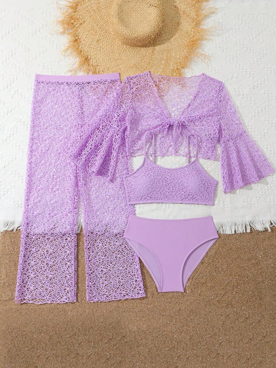 Tween girls beige bikini set with long sleeve round neck top, hollow-out asymmetrical details, mid-waist bottoms, and cover up for beach or vacation swimwear