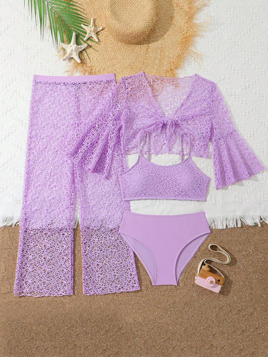 Tween girls beige bikini set with long sleeve round neck top, hollow-out asymmetrical details, mid-waist bottoms, and cover up for beach or vacation swimwear