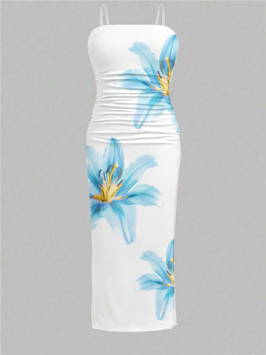 Tween girl sleeveless cami midi dress with strapless neckline, plant pattern, slim fit, natural waist, and slit hem in a multicolor vacation style.