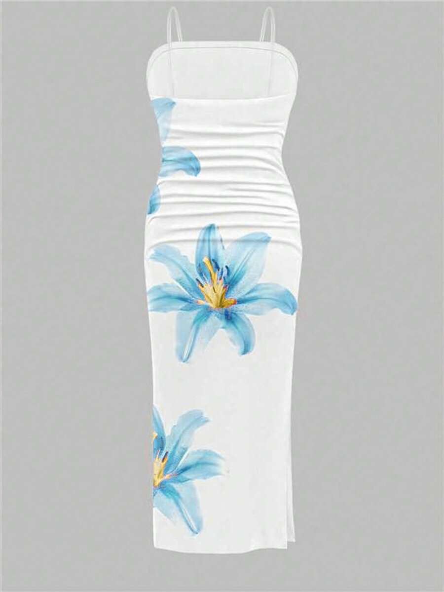 Tween girl sleeveless cami midi dress with strapless neckline, plant pattern, slim fit, natural waist, and slit hem in a multicolor vacation style.