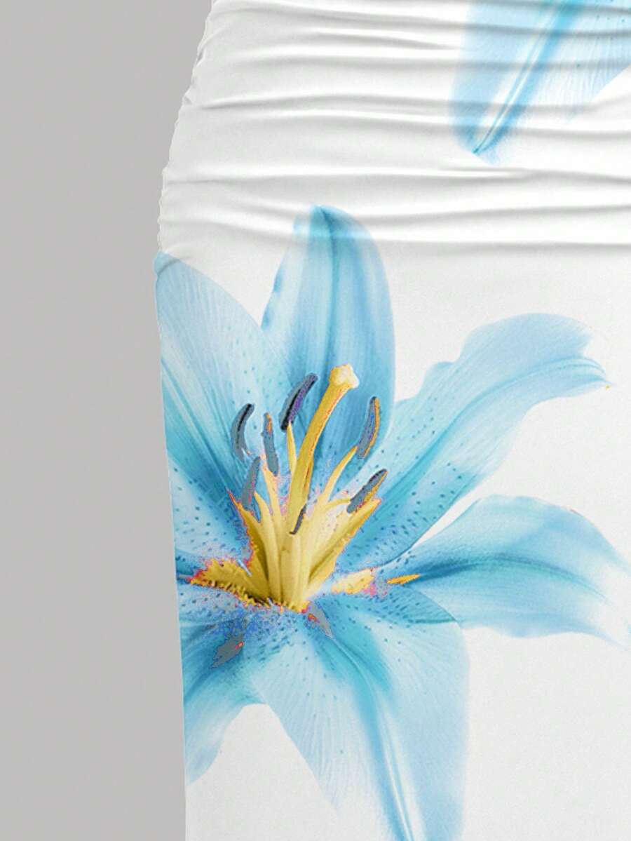 Tween girl sleeveless cami midi dress with strapless neckline, plant pattern, slim fit, natural waist, and slit hem in a multicolor vacation style.