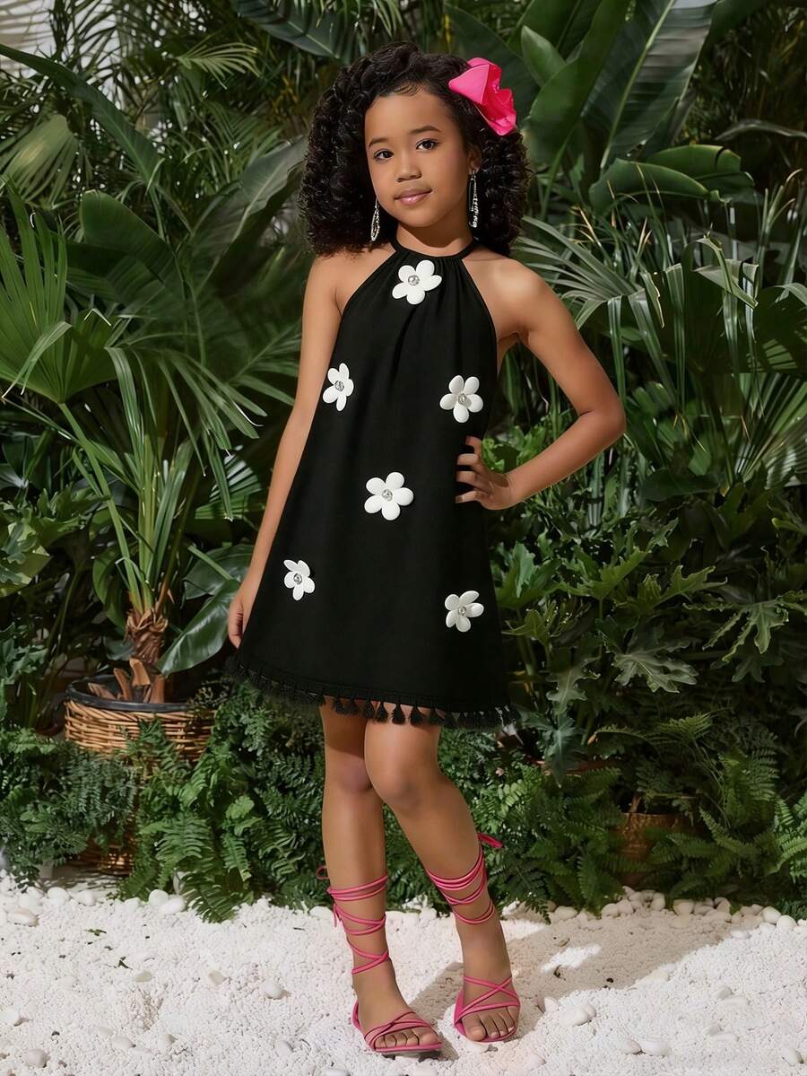 Tween girls floral halter A-line dress with contrast lace, applique and fringe details, sleeveless short length in polyester