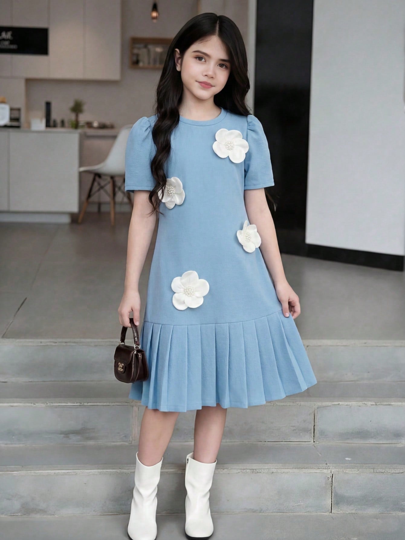 Tween girls apricot short-sleeve pleated smock dress with 3D bow decor and round neckline.