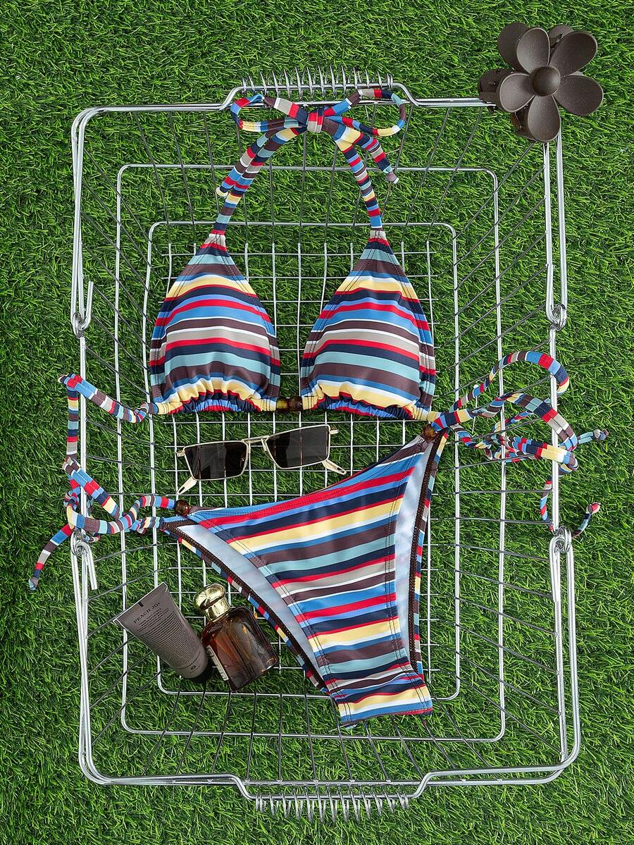 Multicolor women's 2-piece halter triangle bikini set featuring tie-side bottoms and removable padding for beach vacation.