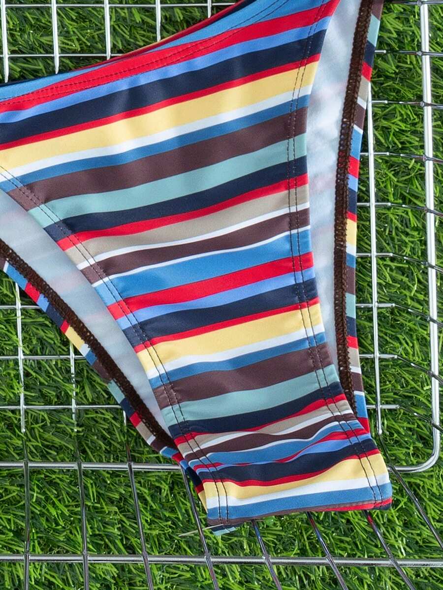 Multicolor women's 2-piece halter triangle bikini set featuring tie-side bottoms and removable padding for beach vacation.