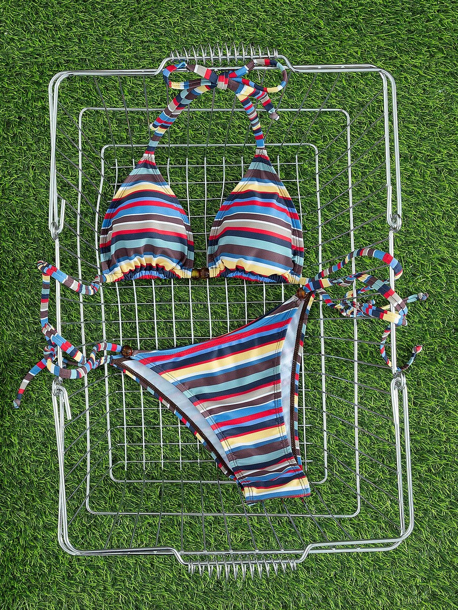 Multicolor women's 2-piece halter triangle bikini set featuring tie-side bottoms and removable padding for beach vacation.