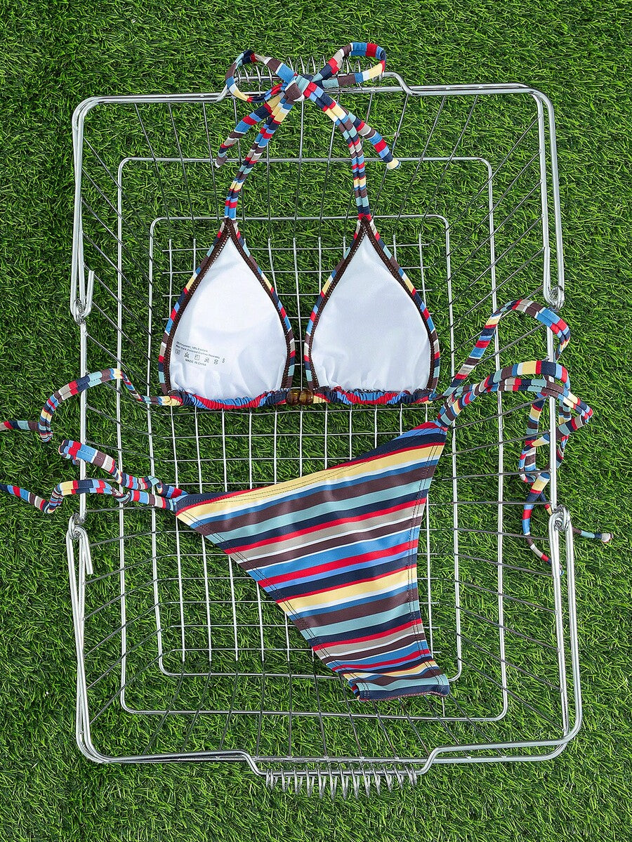 Multicolor women's 2-piece halter triangle bikini set featuring tie-side bottoms and removable padding for beach vacation.
