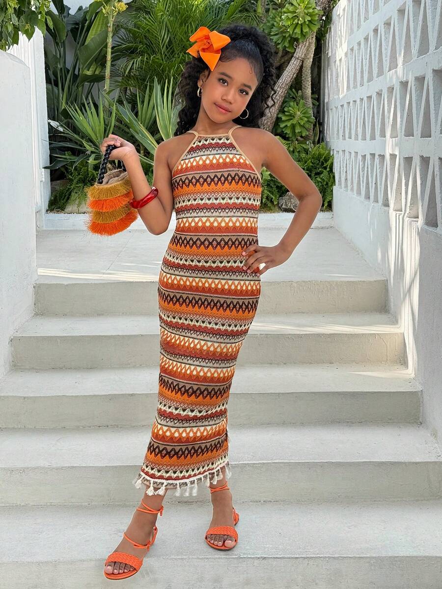 White sleeveless halter maxi dress for tween girls with slim fit, plain textured fabric, natural waist, pencil hem, and side split for summer daily wear and vacation outfits.